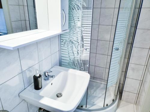 a bathroom with a sink and a shower at Da Vinci Apartment in Kapfenberg
