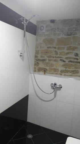 a shower in a bathroom with a stone wall at Konaku Guest house in Gjirokastër