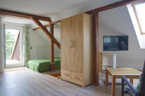 a room with a bedroom with a bed and a tv at Apartment Traumzeit mit Balkon in Vorstadtvilla in Dresden