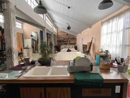 a kitchen with a sink and a bed in a room at Loft Condesa in Mexico City