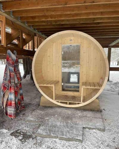 a small wooden building with a tv in it at Riverfront Getaway on the Wild and Scenic in Sedro-Woolley