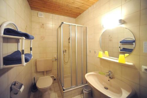 ein Bad mit einer Dusche, einem Waschbecken und einem WC in der Unterkunft Pension Waldeck in Langdorf