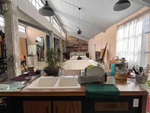 eine Küche mit einem Waschbecken und ein Bett in einem Zimmer in der Unterkunft Loft Condesa in Mexiko-Stadt