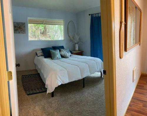 a bedroom with a large white bed with blue pillows at Hammersley Inlet- Oyster beach apt, Relaxing Views in Shelton