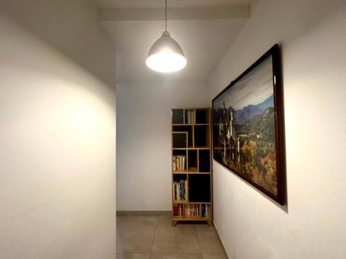 un pasillo con una pintura en la pared y un estante de libros en Beiro Aparts en Buenos Aires