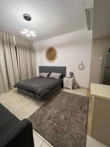 1 dormitorio con cama y alfombra en Al Raha chalet -al raha village -marsa zayed - قرية الراحة العقبة -مرسى زايد, en Áqaba