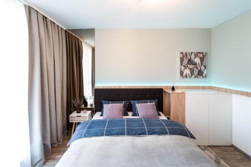 1 dormitorio con 2 camas y ventana grande en Apartment Vivalia V6, free private parking, en Timisoara