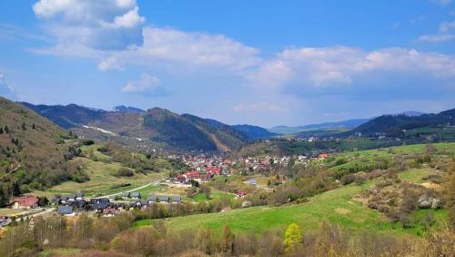 a view of a town in a valley with mountains at Cisza i Spokój in Szczawnica