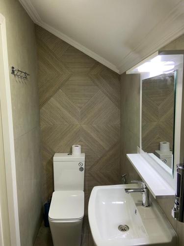 a bathroom with a toilet and a sink and a mirror at Viva hotel Gabala with outdoor pool ,Sauna and Waterfall in Gabala