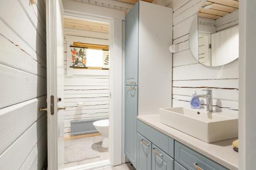 a bathroom with a sink and a toilet at Hirsihuvila yksityisessä niemessä Petäjävedellä in Petäjävesi