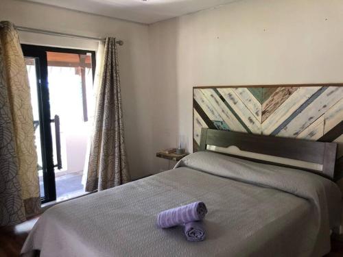 弗利康弗拉克的住宿－Aquamarine Beachfront Apartment，卧室床上的紫色毛巾