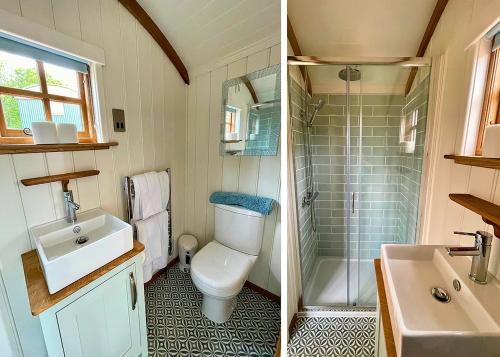 two pictures of a bathroom with a toilet and a sink at Beacon Country House Hotel & Luxury Shepherd Huts in St. Agnes