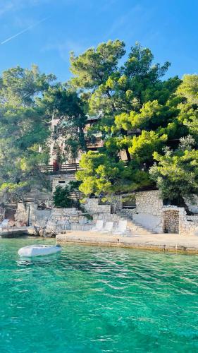 a boat in the water next to a beach at Lovely apartments on the private Beach - island Korčula in Prizba
