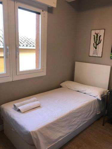 niewielka sypialnia z 2 łóżkami i oknem w obiekcie Habitación Doble - Apartamento w mieście Estella
