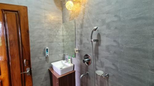 a bathroom with a shower and a sink at The GreyStone FarmHouse, Turibari in Ranīchera