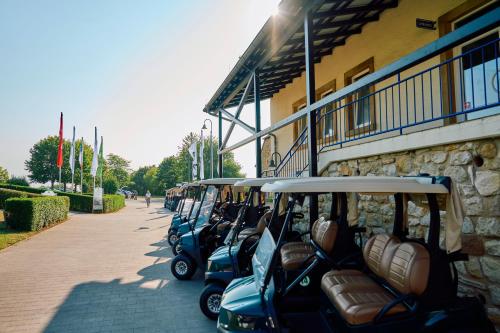 a row of golf carts parked next to a building at Hofgut Wißberg - Das Weinberghotel in Sankt Johann