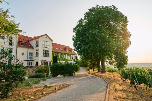 eine Straße mit Häusern und Bäumen auf einem Hügel in der Unterkunft Hofgut Wißberg - Das Weinberghotel in Sankt Johann