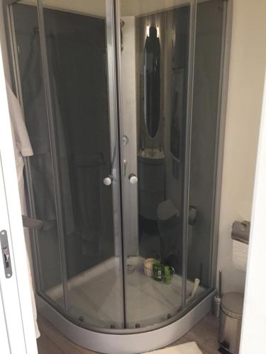 La salle de bains est pourvue d'une douche avec une porte en verre. dans l'établissement Jytte`s Annex, à Kerteminde