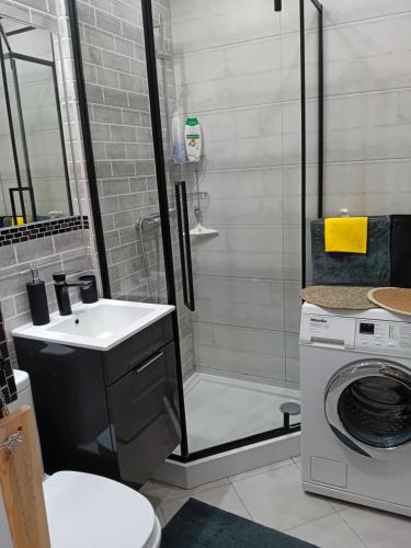 een badkamer met een douche en een wasmachine bij Mieszkanie na doby w Kutnie centrum ulPodrzeczna in Kutno