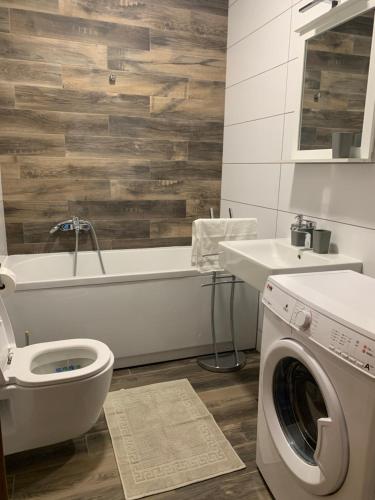ein Bad mit einem WC, einem Waschbecken und einer Waschmaschine in der Unterkunft Mila Apartment sajam in Novi Sad