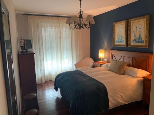 Un dormitorio con una cama grande y una lámpara de araña. en Piso de la pala, en Pontevedra