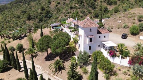 an aerial view of a house with palm trees at Castle Tower apartment in rural holiday park 'Picasso' in Tolox