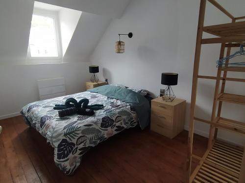 a bedroom with a bed and a ladder at Le Nid Normand avec Terrasse - Stationnement facile et Gratuit - 5 min Seine in Déville-lès-Rouen