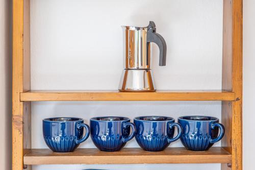 a group of blue cups on a shelf with a juicer at Villa Suredl in Ortisei