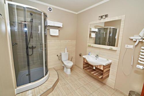 a bathroom with a shower and a toilet and a sink at MPM Sport HOTEL in Radomsko