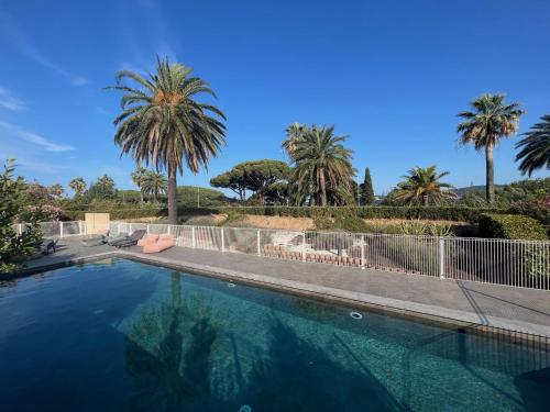 une piscine avec des palmiers en arrière-plan dans l'établissement Appartement Le Beauvallon, à Grimaud