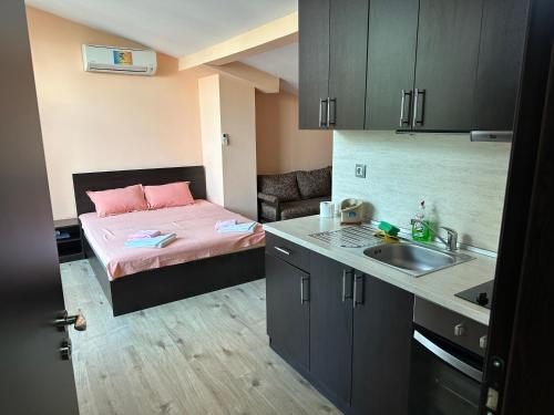 Kleines Zimmer mit einem Bett und einem Waschbecken in der Unterkunft Guest House Dinevi in Saparewa Banja