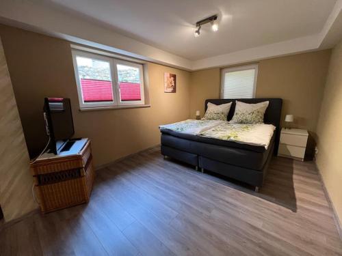 a bedroom with a bed and a television in it at Großzügige Ferienwohnung im Oberland in Warngau