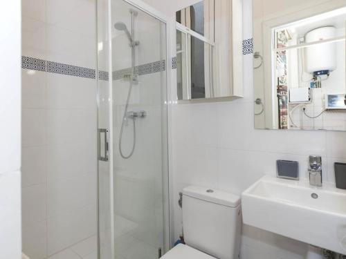 La salle de bains est pourvue d'une douche, de toilettes et d'un lavabo. dans l'établissement Latin Quarter - Notre Dame apartment, à Paris