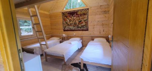 um quarto com quatro camas e um quadro na parede em WildBeauty Grebaje em Vusanje
