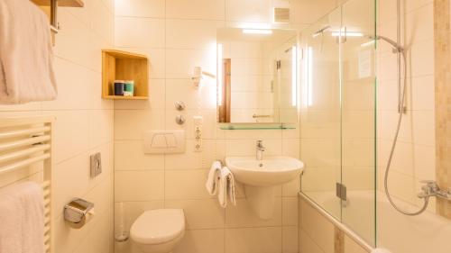 een badkamer met een wastafel, een toilet en een douche bij Gasthaus Hirschenstube & Gästehaus Gehri in Waldkirch