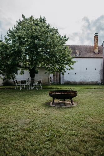 a picnic table and a tree in a yard at Ferienwohnung Morgensonne in Schützen am Gebirge