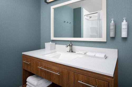 a bathroom with a sink and a mirror at Home2 Suites by Hilton Austin Round Rock in Round Rock