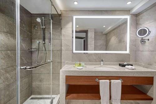 a bathroom with a sink and a shower at Ramses Hilton Hotel & Casino in Cairo
