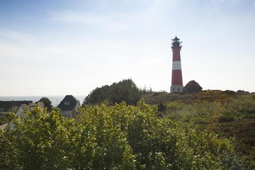 a lighthouse on top of a hill with bushes at ApartHotel Seepferdchen in Hörnum