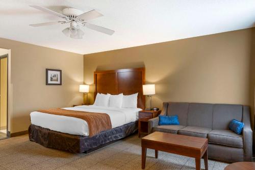 Habitación de hotel con cama y sofá en Comfort Inn North-Polaris, en Columbus