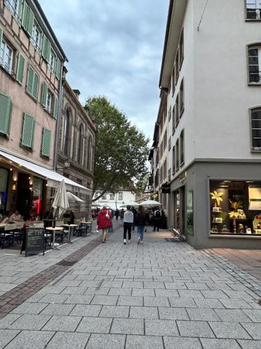 a group of people walking down a street with buildings at Petite France Apartment Strasbourg in Strasbourg