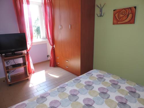 a bedroom with a bed and a tv and a window at Vanni's House in Cannobio