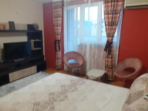 een slaapkamer met een bed en 2 stoelen en een televisie bij Lepa Kata Centar in Podgorica