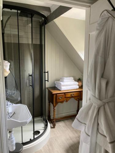 a bathroom with a shower and a sink at The Bridge House in Bridport