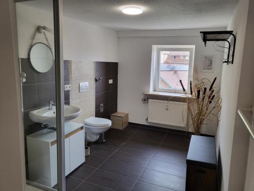 ein Bad mit einem Waschbecken, einem WC und einem Fenster in der Unterkunft Ferienwohnung im Rebstock Nr.1 in Bahlingen