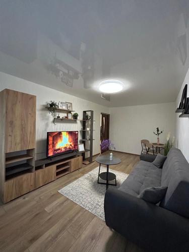 a living room with a couch and a fireplace at luksio 14 in Kėdainiai