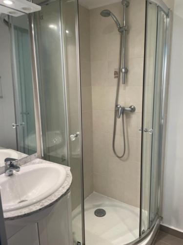 La salle de bains est pourvue d'une douche et d'un lavabo. dans l'établissement Appartements sympas et confortables, à Nanterre