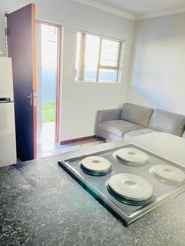 uma bandeja com quatro frisbees na sala de estar em Comfy 1 bedroom apartment em Pretoria