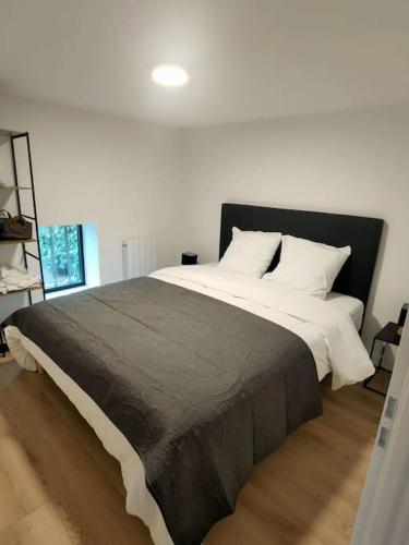 une chambre avec un grand lit dans une pièce dans l'établissement Au cœur des vignes Chénas du Beaujolais, à La Chapelle-de-Guinchay