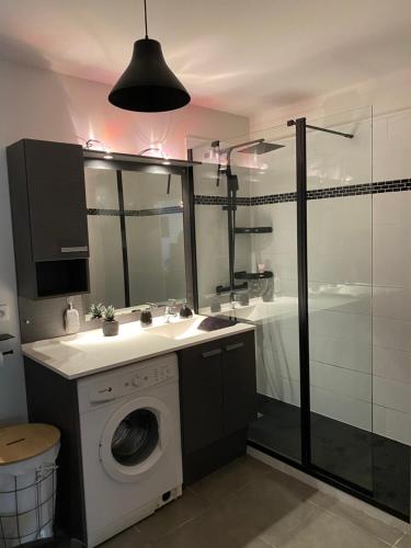 La salle de bains est pourvue d'un lave-linge et d'une douche. dans l'établissement Agréable Loft aux portes de bordeaux, à Artigues-près-Bordeaux